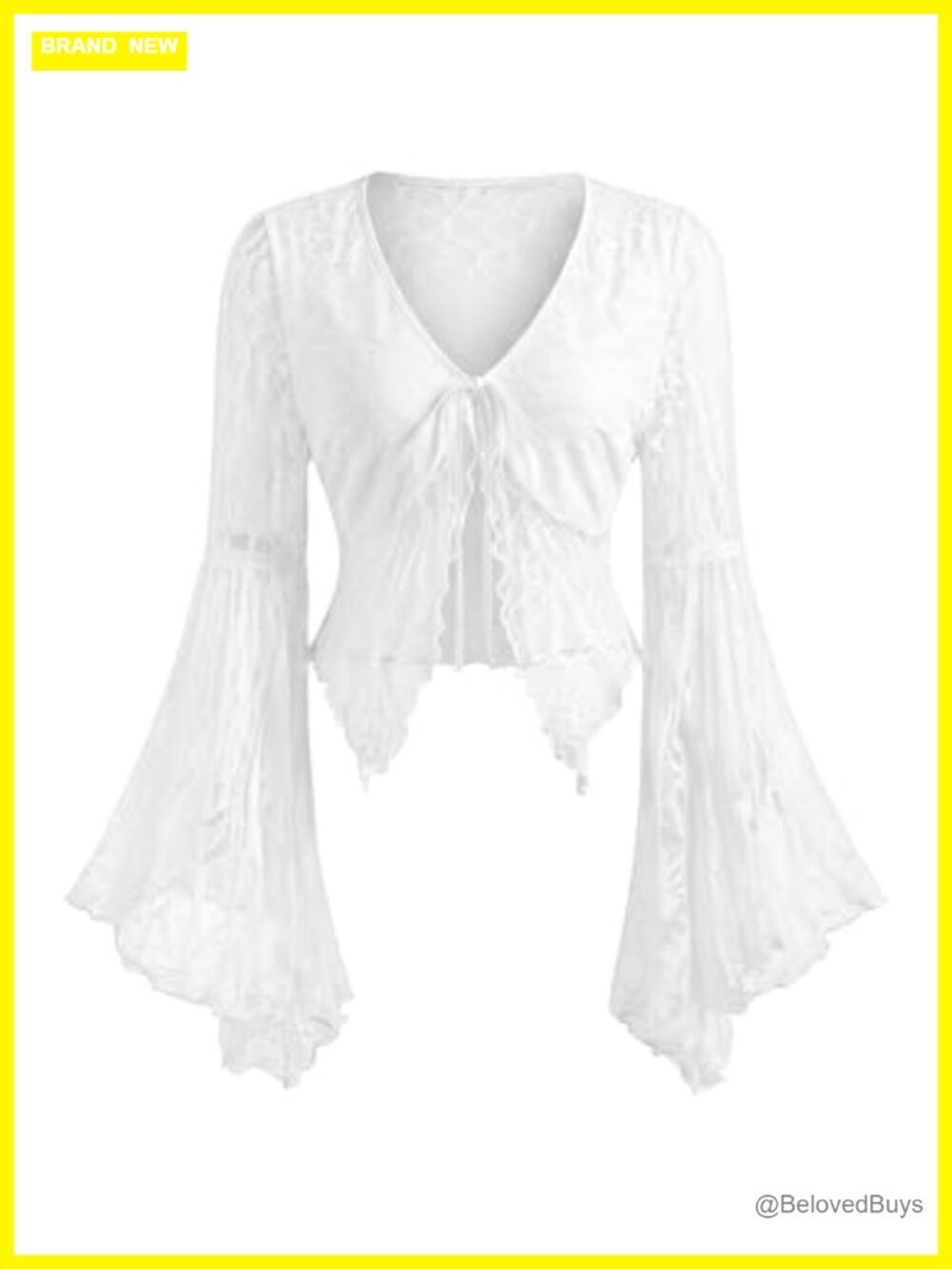 Lace Mesh Tie Front Bell Sleeve Sheer Blouse Crop Top